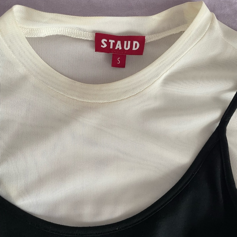 STAUD Black Slip Dress Over Cream Tee Layer - Picture 2 of 3